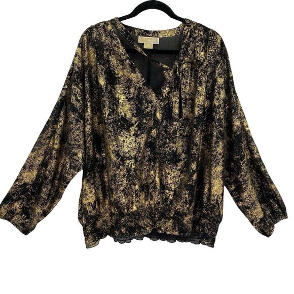 Michael Kors Women's Plus 3X Black Gold Shimmer Chiffon Blouse Top Tie V-Neck - Picture 1 of 9